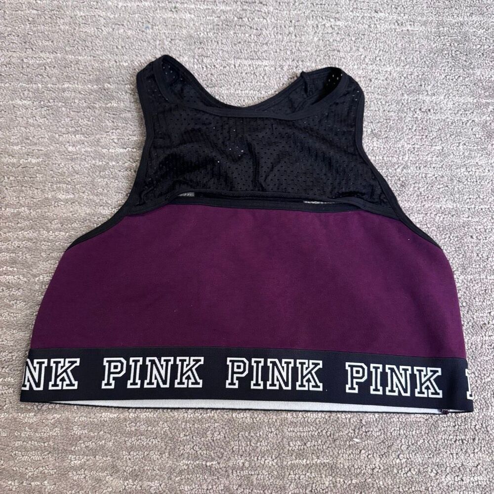PINK Victorias Secret Black Purple Logo High Neck Crop Top Sports Bra Large